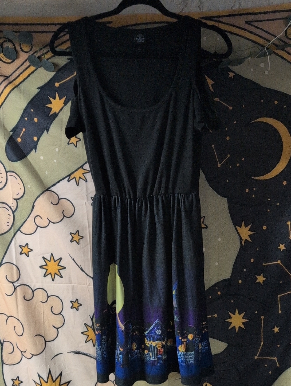 Disney Black Mini Dress with Blue and Purple Village Border